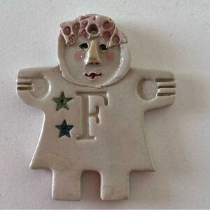 ❄️ Hand Crafted Folk Art White Ceramic Girl F Initial Pendant charm Necklace